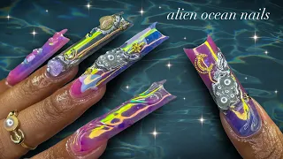 Alien Ocean Nails!👽🌊🐚⭐️| water-nail design + freestyled nail art!✨