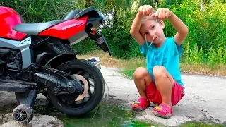 Funny Baby Rides on SportBike BMW and the Bike stuck in Slime - Kids Motorcycle