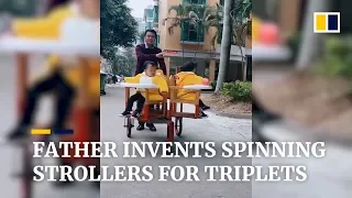 Chinese father invents spinning stroller for his triplets