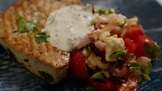 BBQ TUNA STEAK with Feta salad & dill crème fraiche