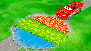 Mega Lava & Acid & Water Pit vs McQueen with Big & Small Pixar Cars! BeamNG. drive!