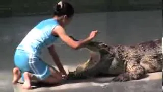 Really cute Thai girl puts her head in a crocodile's mouth, yes, really  Look at those teeth! d