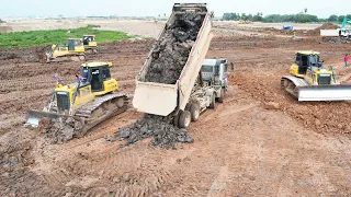 Technique Skills Operator Bulldozer Pushing Mud Soil Huge Land Filling Up Process