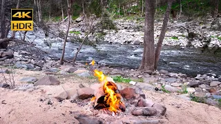 Crackling campfire by a flowing river | 4K HDR 60fps binaural audio, no loop | ( iPhone 15 )