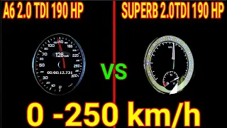 Audi a6 2.0tdi 190 hp vs Skoda Superb 2.0 tdi 190 hp DragRace Sound 0-250|100 -200 kmh