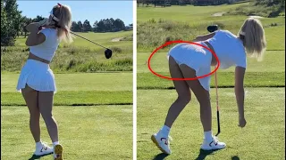 Paige Spiranac models revealing mini skirt during morning golf session