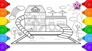 House Coloring Page, Colouring and Drawing a House with a Pool, Slides, Trees, Sun for kids