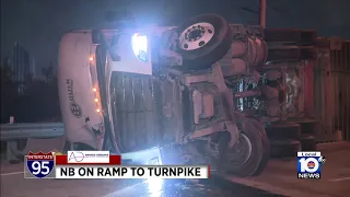 Overturned semi-truck shuts down I-95 NB ramp to Turnpike