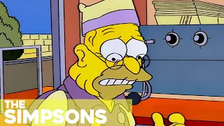 Abe Simpson works the Drive-Thru at Krusty Burger