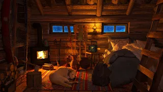 Frosty Snowstorm Sounds and Relaxing Fireplace in a Cozy Winter Hut