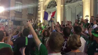 Irish fans sing French national anthem with French fans in Lyon. 25th June.