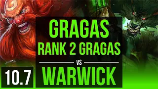 GRAGAS vs WARWICK (JUNGLE) | Rank 2 Gragas, Rank 11, KDA 5/1/10 | BR Challenger | v10.7