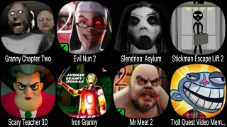 Granny Chapter Two, Evil Nun 2, Slendrina Asylum, Stickman Escape Lift 2, Scary Teacher 3D, Mr Meat