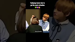 Only taehyung can make jungkook shy🤭💚💜🌈.....his little pout tho😍☺