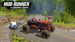 Spintires: MudRunner - DT 75 Pulls Out an Old Tractor From a Road Collapse