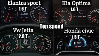 Honda civic 1.5 T Vs  Elantra sport Vs Kia Optima 1.6 T Vs Volkswagen Jetta speed comparison / 0-200