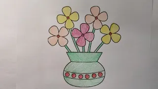 Complete the coloring picture of a flower pot with four-petaled flowers