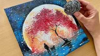 Iron Scrubber Painting Technique for Beginners | Easy Red Tree Acrylic Painting