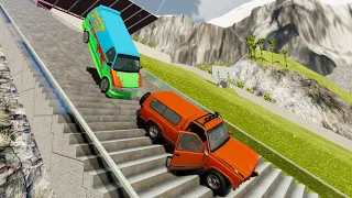 Jeep & Vans Stairs Jumps Down With Slow Motion (Crash Test) - BeamNG.drive Down Stairs Jumps In Pool