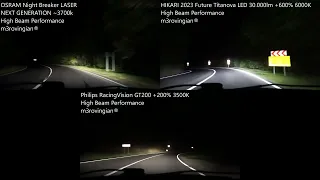 [High Beam] Philips RacingVision GT200, OSRAM Night Breaker LASER NEXT GEN, HIKARI 2023 Titanova LED