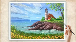 A Light House Painting / Simple Seascape painting Ideas 🖌️🎨🎨 Time-lapse #acrylicpainting