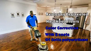 Restoring Engineered Hardwood floors Color Correction with 2 Coats of Satin Polyurethane #floors