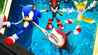 GTA5 Sonic Shadow Tails  -  Flooded Los Santos | Funny Jump Falls | Jump into Pool|Euphoria Ragdolls