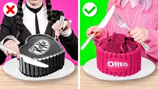 Wednesday VS Enid Food Challenge 🍩| Black vs Pink Food Challenge