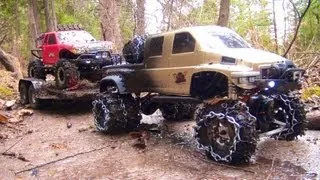 RC ADVENTURES - OVERKiLL PUTS CHAiNS ON PiNKY ~ MUDDY SCALE 4x4 TRUCKS & TRAILER