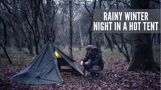 Winter Lavvu Hot Tent Camping in the Rain - Bushcraft / Military Surplus Gear & Gstove Cooking