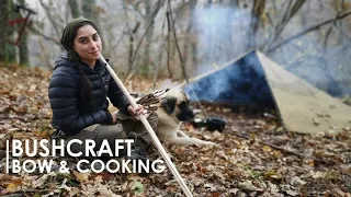 4 DAYS BUSHCRAFT CAMP - LONG BOW, CANVAS TENT, FRAME SAW, SPICY RICE COOKING [Documentary Part 2]