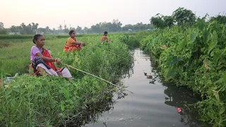 Fishing video || three ladies catching big fish with hook in village mud canal water #videos