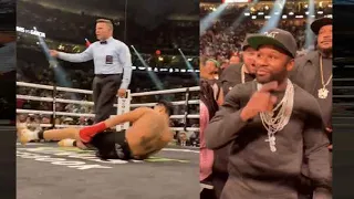 Another Angle of Tank Davis Delivering the 1st Knock Down in Round 2, Mayweather Looks & Laughs!