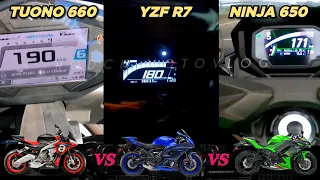 Aprilia Tuono 660 🆚️ Yamaha YZF R7 🆚️ Kawasaki Ninja 650 | Stock Top Speed Attempt 🔥