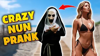 SHE HAS NO IDEA WHATS BEHIND HER. CRAZIEST REACTIONS. THE NUN PRANK IN NEW YORK