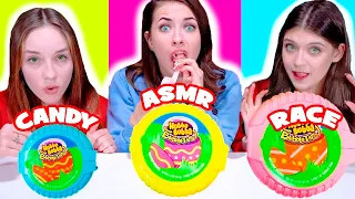 ASMR Candy Race Eating Chocolate Eggs, Candy, Twist and Drink