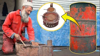 Old Man Making Wood Stove From Old Oil Drum | Smokless Wood Stove Making Part 3