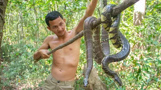 Wow! Catching two big snake & Cooking Snakes Soup With Bamboo