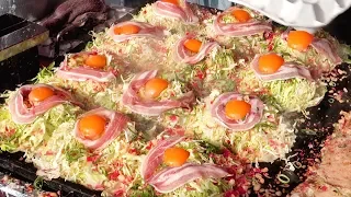 Japanese Street Food - OKONOMIYAKI Seafood Pancake Japan