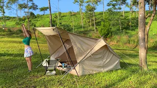 SOLO overnight camping – Tiny girl relaxing in a big tent – Cosy asmr camping– Car camping