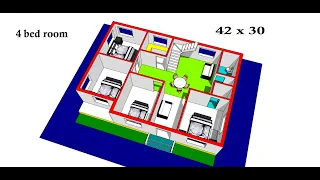 village 4 bed room house design II 42 x 30 ghar ka naksha II 42 x 30 house 3d design II 4 bhk house