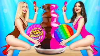 CHOCOLATE FOUNTAIN FONDUE CHALLENGE | Best Battle with Tiny and Giant Snacks by RATATA COOL