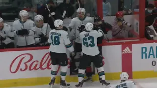 Jeffrey Viel Pushes Andrei Svechnikov Into Sharks Bench During Scrum