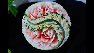 Wonderful leave and rose design watermelon carving | By chef namtarn