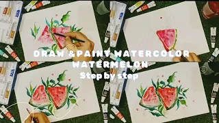 Learn draw & paint watercolor watermelon 🍉| STEP BY STEP tutorial| very easy method|share|subscribe