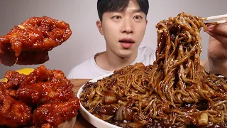 🔥🔥 ASMR MUKBANG ) BLACK BEAN NOODLES SPICY CHICKEN