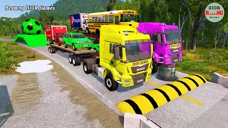 Double Flatbed Trailer Truck cars vs rails tractor vs train cars vs bollards Beamng Drive 498