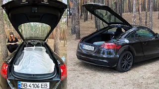 Sleep in audi tt, camping. Schlafen im Audi TT. Спать в Audi TT, багажник.