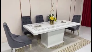 8 Seater Classy Marble Dining Table with Modern Grey Velvet Chairs