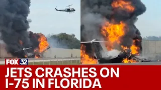 Small jet crash lands on I-75 in Florida, hitting car before bursting into flames